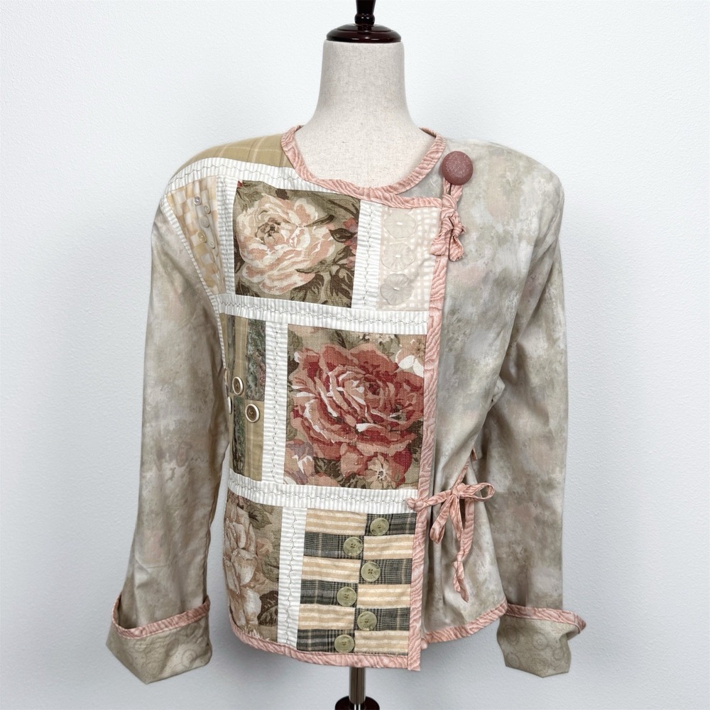 VTG Drye Goods Jacket Womens XL* Pink Beige Floral Patchwork‎ Cottagecore Beaded